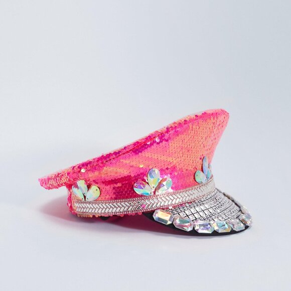 Hot Pink Sequin Rhinestone Captain Hat | Festival Hat | Statement Piece - Picture 2 of 4
